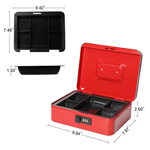 Cash Box with Money Tray, Parrency Large Money Box with Combination Lock, 9.8 x 7.9 x 3.5 inches, Red - color: Combo Red, size: Large（9.84")