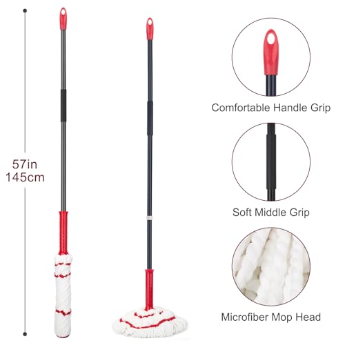 KeFanta Self Wringing Twist Mop, Easy Wringing Mop with 57 " Long Handle - color: Red (1 Handle & 1 Mop Head)