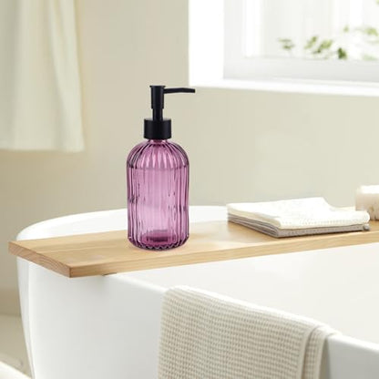 Light Blue Striped Glass Soap Dispenser with Black Rustproof Plastic Pump, 400ml Refillable Bottle for Kitchen, Bathroom, Lotions, Essential Oils & Liquid Soaps (Blue) (Purple) - color: Purple