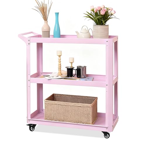 3 Tier Metal Utility Rolling Cart with Wheels, Pink - color: Pink