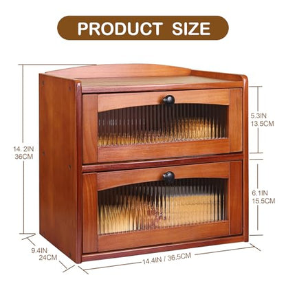 Wooden Bread Box for Kitchen Countertop, 2-Tier Bread Storage with Window - color: Teak
