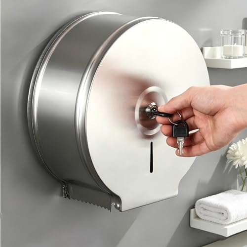Commercial Jumbo Toilet Paper Dispenser, Brushed Stainless Steel Large Roll Bathroom Tissue Holder Wall Mount, 9” Diameter Lockable Dispenser with Key for Business Restrooms - color: Brushed Silver