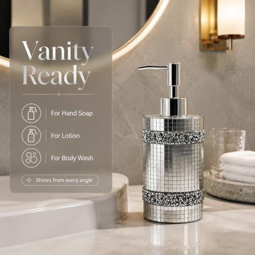 Silver Soap Dispenser，Mosaic Glass Decoration, 12oz Refillable - size: Soap Dispenser