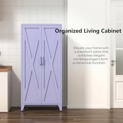 61" Tall Purple Farmhouse Metal Kitchen Pantry Cabinet, Lockable Freestanding Storage Cabinet with 2 X-Shape Metal Doors & 3 Adjustable Shelves, Cupboard with Legs for Home, Bedroom, Garage, Office - color: Lilac, style: Pantry-61"H-DH