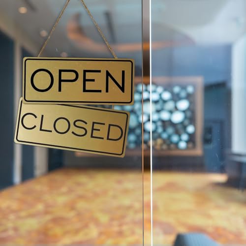 Open Closed Sign, Brushed Silver, 12" x 5" - Durable Dual-Sided Design with Adhesive Tape & Knotted Ribbon Hanger, No Tools Required - color: Brushed Silver, size: 12x5 inches