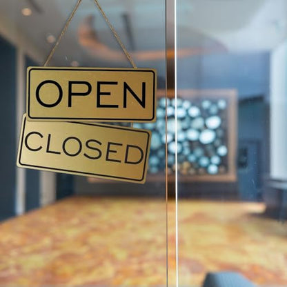 Open Closed Sign, Brushed Silver, 12" x 5" - Durable Dual-Sided Design with Adhesive Tape & Knotted Ribbon Hanger, No Tools Required - color: Brushed Silver, size: 12x5 inches