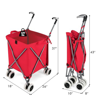 GOFLAME Folding Shopping Cart on Wheels, Waterproof Grocery Cart with Removable Cover and 360° Swiveling Wheels, Collapsible Utility Cart for Groceries and Laundry, 120LBS Load Capacity, Red - color: Red
