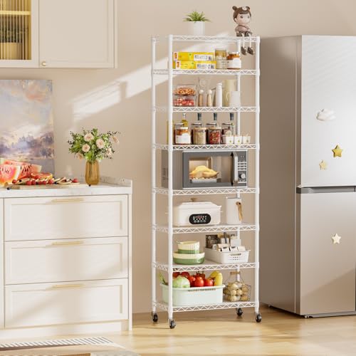 SINGAYE 8 Shelves Storage Wire Shelf Closet Metal Shelving Pantry Wheels - color: White, size: 8Tier/12"D X 22"W X 74"H