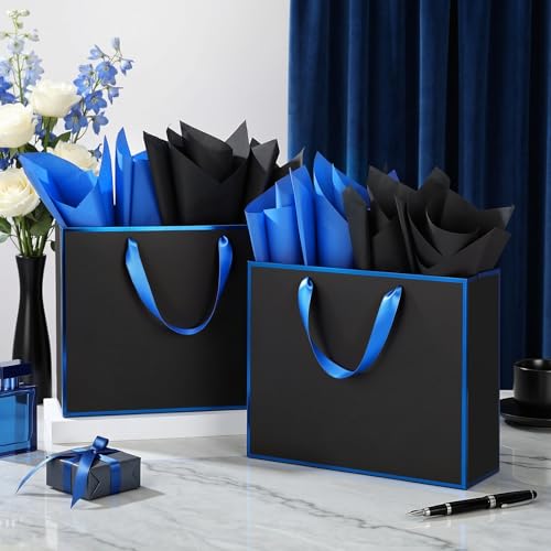 ReliThick 12 Pack Paper Gift Bag with Handles & Tissue, Black, Blue - color: Black, Blue