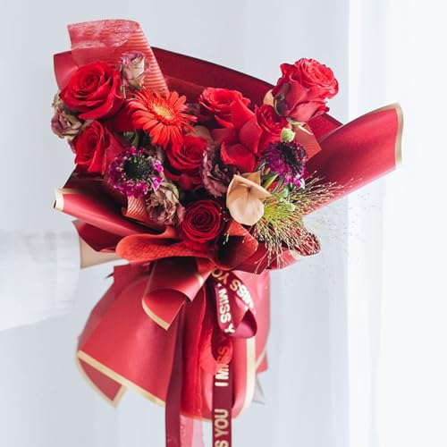 Tenare Flower Wrapping Paper and Ribbon Set 36 Sheets Bouquet Wrapping Paper with 50 Yards Double Face Satin Ribbon for Flower Gift DIY, Florist Supplies(Red) - color: Red