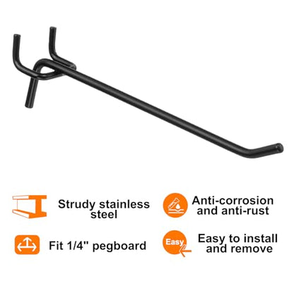 HARFINGTON 10pcs Pegboard Shelving Hooks 6" Stainless Steel Peg Board Display Hook Hanging Holders Wall Mount Organize Tools for Workbench Garage Kitchen Store, Black - size: 6 Inch