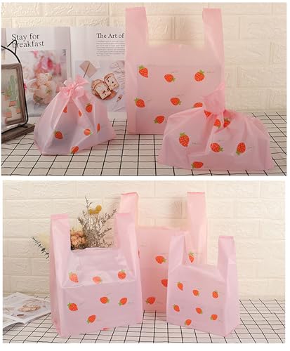 YYaaloa Strawberry Plastic Bags 50 Count, Grocery, Restaurant Convenience Store with Handles - Pink Strawberry Print, 7.8x13.8inch - size: 7.8x13.8inch