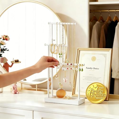 SRIWATANA White Jewelry Organizer Stand, Extra Tall 3-Tier Necklace Holder - color: white