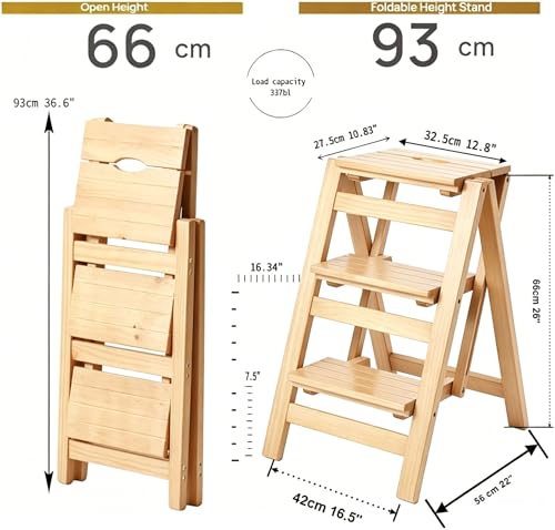 3-Step Wooden Folding Step Stool – Solid Pine Frame, Non-Slip Steps, Anti-Scratch Base, 337lb Capacity – No Assembly Required, Space-Saving for Kitchen & Home – Walnut (Natural Wood) - color: Natural Wood