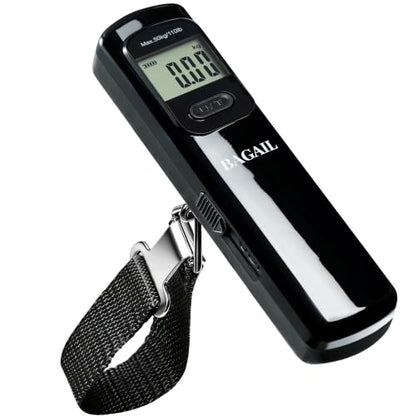 BAGAIL Digital Luggage Scale, 110lbs Hanging Baggage Scale with Backlit LCD Display, Portable Suitcase Weighing Scale, Travel Luggage Weight Scale with Hook, Strong Straps for Travelers - color: Pure Black Battery Free