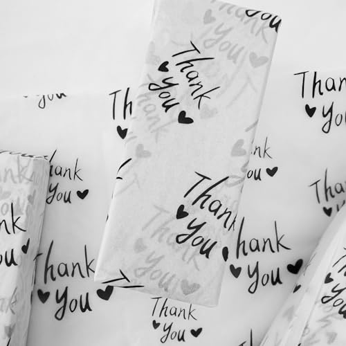 MR FIVE 100 Sheets Black Thank You Tissue Paper Bulk, 20" x 14", Black & White Thank You Tissue Paper for Packaging, Gift Bags, Graduation, Birthday, Thanksgiving - color: Black