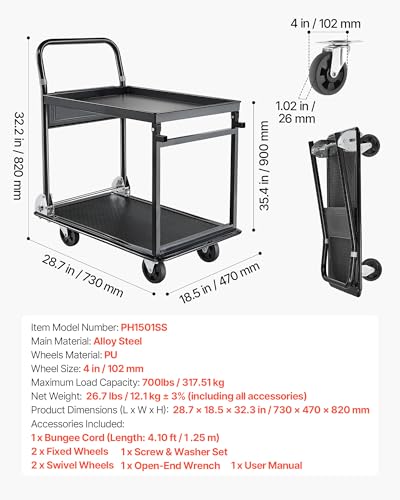VEVOR Heavy Duty 2 Tier Platform Hand Truck, 700 lbs 2 Tier Push Tool Cart with High-Strength Steel, Utility Cart for Warehouse, Garage, Workshop, Office - size: 28.7 x 18.5 x 32.3 in/ 730 x 470 x 820 mm
