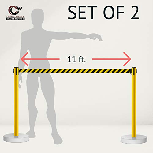 Crowd Control Warehouse - CCW Set of 2 Retractable Belt Barrier Stanchion, Water Fillable Base MSH630-11 Foot Belt, Magenta and Yellow Diagonal with Black PVC Plastic Post - color: Magenta and Yellow Diagonal, size: Black Post