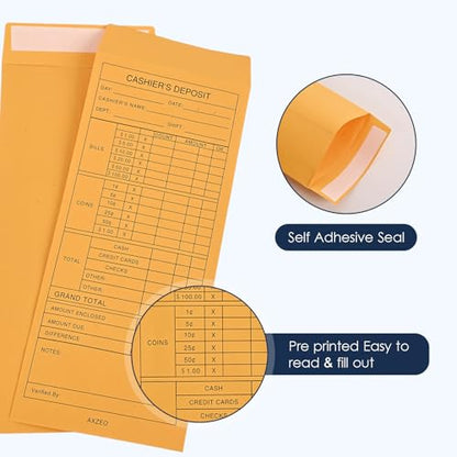 1000-Count Cash Deposit Envelopes, #11 Self-Sealing, 28lb Brown Kraft Paper Cash Envelopes for Small Businesses, Retailers, Restaurants