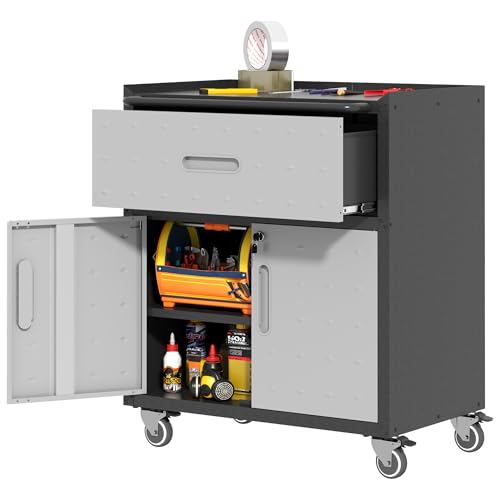 Metal Storage Cabinet for Garage, Tool Cabinet, Utility Cabinet - color: Black & Gray, size: M - 1 Drawer & 2 Doors (Wheeled)