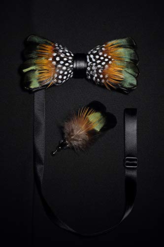 RBOCOTT Handmade Feather Pre-tied Bow tie and Brooch Sets for Men - color: Green/Yellow/White