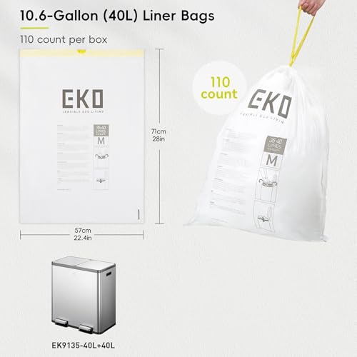 EKO 10.6 Gallon / 35–40 Liter Drawstring Trash Bags, 110 Count Heavy-Duty Tall Kitchen Garbage Can Liners, Extra-Strong Leak-Resistant, Unscented, White, Code M - size: 110 Count (Pack of 1), style: 10.6 Gallon Bags/Code M