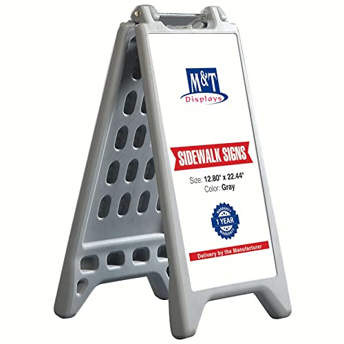 M&T Displays Floor Standing A-Frame Plastic Sign Holder Double Sided Street Sidewalk Sandwich Board Waterbase Advertising Poster Stand Outdoor Gray 12.80x22.44" for Pavement Store Retail Real Estate