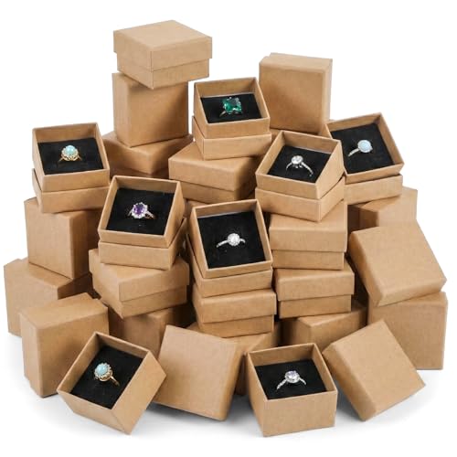 48 Pack Small Jewelry Ring Gift Boxes, 2x2x1.2 Inch Brown Krafts Paper Ring Boxes with Foam Insert, Bulk Square Cardboard Earring Packing Box for Weddings Rings, Necklaces, Business Retail