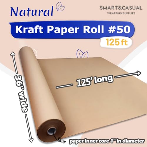 SMART&CASUAL 36" x 1,500" (125') Brown Kraft Craft Paper Roll for Gift Wrapping Bulletin Board Bouquet Flower Art Packing Parcel Table Covering 70GSM 50LB (Brown, 36" x 125') - color: Brown, size: 36" x 1,500" ( 125ft )