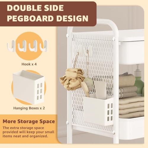 3 Tier Rolling Cart with Drawer, Metal Rolling Utility Cart on Wheels with Pegboard, Art Cart Storage Organizer with Tabletop for Living Room, Office, Bedroom (White) - color: White