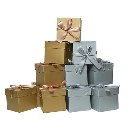 Gift Box with Lid & Ribbon for present,12pcs, 4"×4"×4" - color: Gold & Silver, size: 4 x 4 x 4 Inch