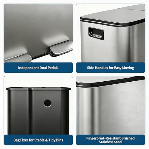 2x8 Gal Dual Compartment Stainless Steel Kitchen Trash Can with Lid, 30L+30L Recycling Garbage Bin, Soft Close Foot Pedal Trash Bin with 2 Removable Inner Buckets, Fingerprint Resistant for Home Offic - color: Stainless Steel, size: 2x8 Gal