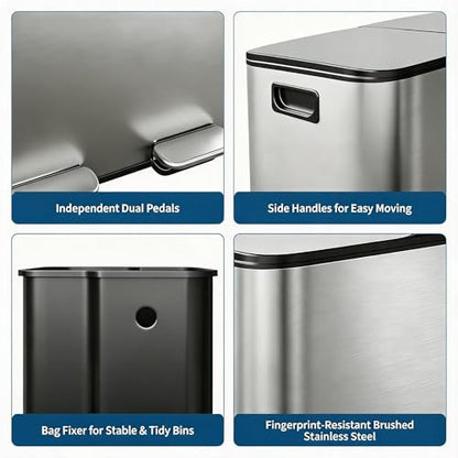 2x8 Gal Dual Compartment Stainless Steel Kitchen Trash Can with Lid, 30L+30L Recycling Garbage Bin, Soft Close Foot Pedal Trash Bin with 2 Removable Inner Buckets, Fingerprint Resistant for Home Offic - color: Stainless Steel, size: 2x8 Gal