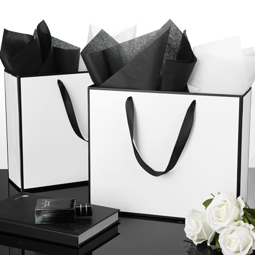 ReliThick 12 Pack Paper Gift Bag with Handles & Tissue, White, Black - color: White, Black