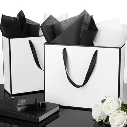 ReliThick 12 Pack Paper Gift Bag with Handles & Tissue, White, Black - color: White, Black