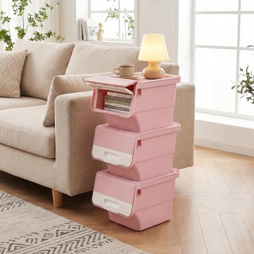 GIANTEX 3 Pack Plastic Stackable Storage Bins with Lids & Wheels, 12.5 QT - color: White + Pink, size: 3 Pack, 12.5 QT