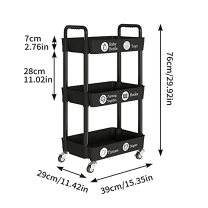3 Tier Rolling Cart with Wheels, Utility Storage Carts,Black - color: Black, size: 3-Tier