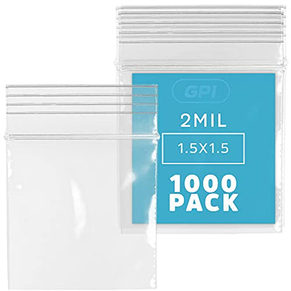 GPI - 1000 Count, 1.5" x 1.5" Clear Plastic Reclosable Zip Bags, 2.5 Mil Thick, Strong & Durable Poly Baggies with Resealable Zip Top Lock for Travel, Storage, Packaging & Shipping - size: 1.5" x 1.5"