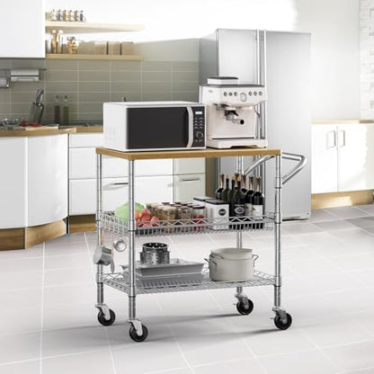 3 Tier Rolling Kitchen Carts on Wheels with Storage,650Lbs Heavy Duty Utility Carts with Wheels,Kitchen Island with Wood Tabletop,Metal Serving Rolling Cart for Small Appliance Food Cart,Wood+Metal - color: Wood+chrome