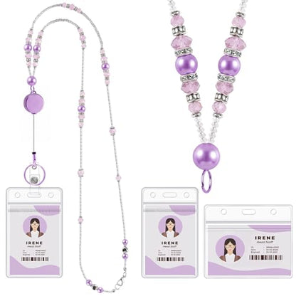 Beaded Teacher Lanyard with Retractable Badge Reel, Purple - color: Purple