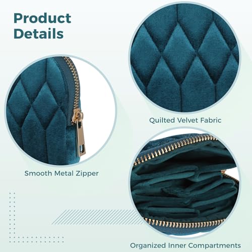 Quilted Velvet Jewelry Organizer Pouch, Velvet Zipper Jewelry Bag with Multiple Compartments, Compact Travel Jewelry Storage Case for Rings Earrings Bracelets Necklaces