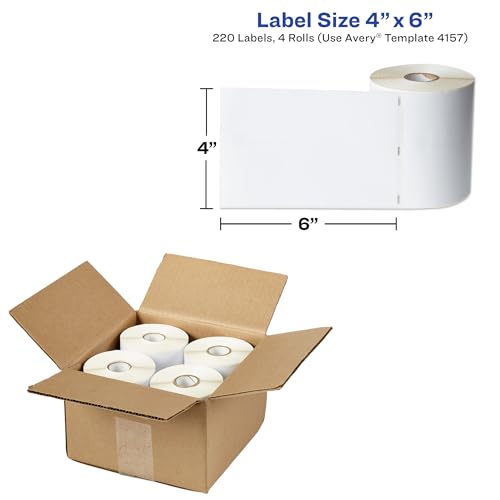 Avery Direct Thermal Shipping Labels, 4" x 6", White, Direct Thermal Printable, Comparable to DYMO 1744907, 4 Rolls of Blank Labels, 880 Total (4157) - size: 880 Labels