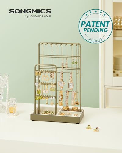 SONGMICS Jewelry Holder, Display Stand, Metal Frame, Velvet Tray - color: Laurel Green, size: 4.5"D x 7.7"W x 12.1"H