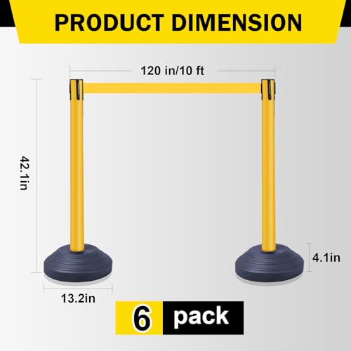10 ft Crowd Control Stanchion Set, Yellow Crowd Control Barrier with Retractable Belts & Water-Filled Base, Queue Management Stanchion (6 Pack) - size: Water Filled Base-6 Pack