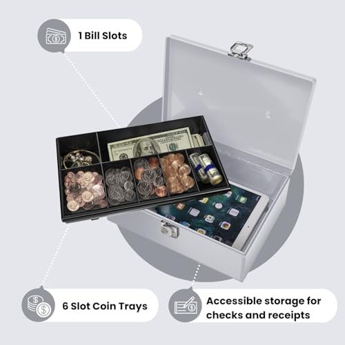 Flexzion Cash Box with Money Tray, Latch Lock, 11 x 7.7 x 3.5 Inch, Silver - color: Silver
