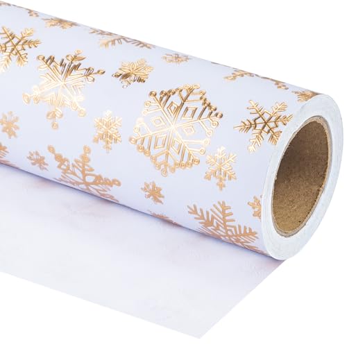 WRAPAHOLIC 30 Inch 3D Kraft Christmas Wrapping Paper - 30 Inch x 16.5 Feet - Gold and White Snowflake Wrapping Paper with Embossed Perfect for Christmas, Holiday, Party Celebration - color: Christmas Snowflakes - White & Gold, size: 30 inch x 16.5 feet