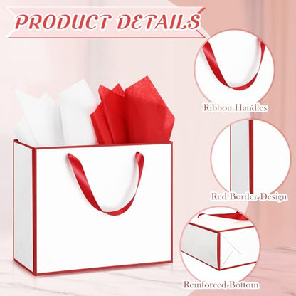 ReliThick 12 Pack Paper Gift Bag with Handles & Tissue, White, Red - color: White, Red