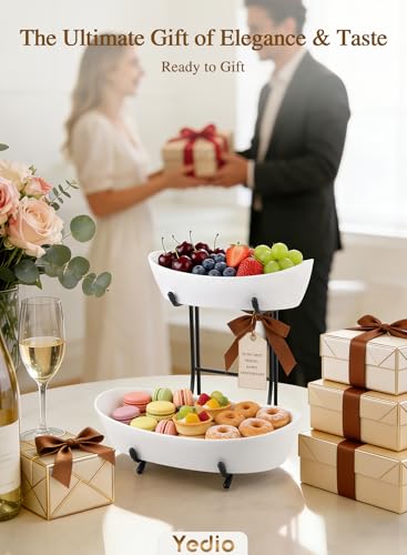 2 Tier Ceramic Fruit Bowl for Kitchen Counter with Black Metal Stand - color: Black, size: 2 Tier