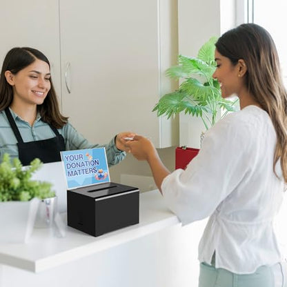 Polmart black Donation Box with Lock - Secure Ballot Box with Removable Sign Holder & 2 Keys - for Money, Cards, Votes, Tickets, Feedback Collection (4.75"D x 6.29"W x 8"H) - color: Black with Sign Holder