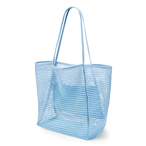 KALIDI Beach Mesh Tote Bag, Casual MAX 23L Summer Foldable Hobo Bag Women - color: Sky Blue